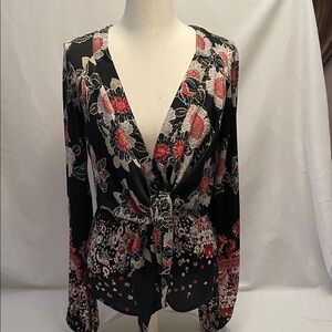 Black Floral Peplum Boho Corset Scarf Print balloon sleeve Free People top